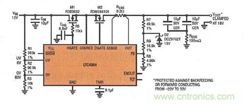 圖8：LTC4364 提供了針對(duì)過壓、短路或反向電壓的內(nèi)置輸出端口保護(hù)功能