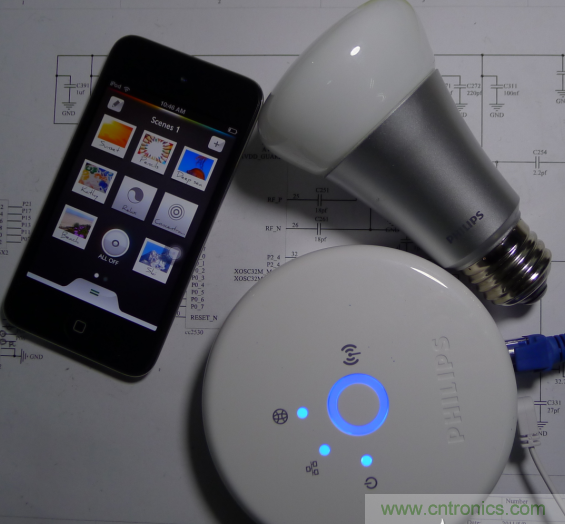 三個(gè)組合（控制盒、Hue 燈泡、iOS 的 APP）