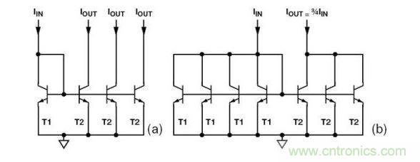 （a） 多級(jí)電流鏡 （b） 非整數(shù)比例電流鏡可將3個(gè)T2集電極結(jié)合起來，得到3IIN