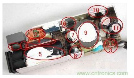 電源適配器的構造  6 1. 壓敏電阻，其功能是當外界電壓過高時，壓敏電阻阻值迅速變得很小，與壓敏電阻串聯的保險絲被熔斷，從而保護其他電路不被燒壞。  2. 保險絲，規格為2.5A/250V，當電路中的電流過大時，保險絲會熔斷以保護其他元件。  3. 電感線圈(又稱扼流圈)，主要功能是降低電磁干擾。  4. 整流橋，規格為D3SB，作用是把220V交流電變為直流電。  5. 濾波電容，規格為180&mu;F/400V，作用是濾除直流電中的交流紋波，使電路工作更可靠。  6. 運放IC(集成電路)，保護電路、電壓調節的重要組成部分。  7. 溫度探頭，用于探測電源適配器的內部溫度，當溫度高于某一設定值時(不同品牌的電源適配器，其設定的溫度閥值略有不同)，保護電路會切斷適配器的電壓輸出，從而保護適配器不受損壞。   8. 大功率開關管，是開關電源中的核心元件之一，開關電源能&ldquo;一開一關&rdquo;地工作，開關管功不可沒。   9. 開關變壓器，開關電源中的核心元件之一。   10. 次級整流管，功能是把低壓交流電變為低壓直流電。在IBM的電源適配器中，整流管往往是由兩個大功率并聯工作的，以獲得較大的電流輸出。   11. 次級濾波電容，規格為820&mu;F/ 25V，共有兩個，起濾除低壓直流電中的紋波的作用。  除上述元件外，電路板上還有可調電位器及其他阻容元件。