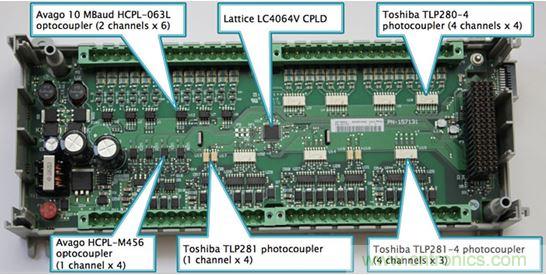 圖2：Rockwell選擇光耦作為Micro850 PLC的數字I/O電路板上的設備輸入和輸出端的核心隔離策略。