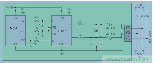 在高暴露環(huán)境中的RS-485總線的電路保護(hù)示意圖中，上圖類似&ldquo;Z&rdquo;字形的符號(hào)可代表多種過(guò)壓保護(hù)解決方案，包括Q2L系列SIDACtor保護(hù)晶閘管(圖7)。