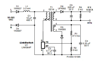LinkSwitch-LP 系列旨在取代手機(jī)/無繩電話、PDA、數(shù)碼相機(jī)和便攜式音頻播放器等應(yīng)用中輸出功率 < 2.5 W 的低效線頻線性變壓器電源。LinkSwitch-LP 還可用作白色家電等應(yīng)用中的輔助電源。  LinkSwitch-LP 將高壓功率 MOSFET 開關(guān)與 ON/OFF 控制器集成在一個設(shè)備中。它完全由漏極引腳自供電，具有低 EMI 的抖動開關(guān)頻率，并且具有全面的故障保護(hù)。自動重啟可限制過載和輸出短路條件下的器件和電路耗散，而遲滯過溫保護(hù)會在熱故障期間禁用內(nèi)部 MOSFET。EcoSmart 技術(shù)使設(shè)計能夠輕松實現(xiàn) < 150 mW 的空載功耗，滿足能源效率要求。  LinkSwitch-LP 的設(shè)計目的是在輸出功率低于 2.5 W 時無需初級側(cè)鉗位電路，從而顯著減少組件數(shù)量和總系統(tǒng)成本。圖 1 顯示了基于 LinkSwitch-LP 的 2 W 電源，不帶初級側(cè)鉗位。LinkSwitch-LP 系列經(jīng)過優(yōu)化，當(dāng)變壓器上的輔助或偏置繞組提供反饋時，可提供近似的 CV/CC 輸出特性。這非常適合取代工頻變壓器的應(yīng)用，提供兼容的輸出特性，但過載、短路電流和輸入線電壓變化較小。  　  在無鉗位設(shè)計中使用 LinkSwitch-LP 的基本電路原理圖。  快速開始  　 LinkSwitch-LP 反激式設(shè)計流程圖