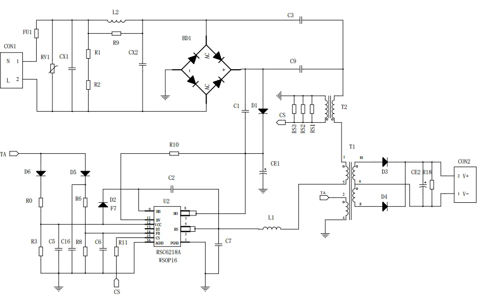 一、LED驅動模塊RSC6218A REASUNOS(瑞森半導體)通過持續投入研發，提升LLC應用技術，集成控制芯片與功率轉換，成功推出新一代產品RSC6218A WSOP-16，延續瑞森LLC拓撲方案，時機趨勢完全迎合我國雙碳政策，電氣特性契合新版國標GB/T 17625.1-2022和歐盟新版ERP認證EU2019/2020雙重法規，專為中小功率的產品提供優秀的方案；接下來會分幾個篇章持續介紹新方案產品的應用資料和設計實例分享：  RSC6218A功率模塊內部集成CS-CP-LLC電源半橋模塊和功率轉換模塊，延續瑞森主題設計方向單級實現高PF無頻閃技術和LLC諧振軟開關技術方案：該型號適用于5-18W功率段；具備高轉換效率(90%+)，高PF(>0.96)，低THD(<10%)，小型化(縮小PCB面積10-25%)，通過優化產品內部設計提升產品內部功率器件的開啟與關閉性能，避免干擾發生，最高工作頻率達200KHZ，實現WSOP-16封裝兼顧散熱與小型化；并且內部可自動設置死區時間，讓方案可靠易設計。 產品可廣泛應用于： 1.護眼系列燈具：如教室燈、辦公燈、護眼臺燈、壁燈、閱覽室燈等； 2.家居類燈具：如客廳燈、臥室燈、兒童房燈、廚房燈、走廊燈等； 3.軌道類燈具：地鐵照明、高鐵照明、隧道照明、車站照明等； 4.商照類燈具：筒燈、射燈、投射燈、 亮化燈、防爆燈等； 方案起到提供高效，穩定，長壽命的作用。 二、產品功能框架  三、IC各PIN腳功能說明  PIN1&nbsp;PGND 功率地，內部是連接低邊MOS的S端地線； PIN2&nbsp;&nbsp;NC&nbsp; PIN3&nbsp; HS 半橋MOS低邊漏極PIN； PIN4&nbsp; HS 半橋MOS低邊漏極PIN； PIN5&nbsp; HS 半橋MOS高邊源極PIN； PIN6&nbsp; HS 半橋MOS高邊源極PIN； PIN7&nbsp;&nbsp;NC&nbsp; PIN8&nbsp; HO 半橋MO高邊漏極； PIN9&nbsp; HO 半橋MOS高邊漏極； PIN10&nbsp;HB 半橋驅動高邊電源，通過外置的一個二極管與電容組成自舉回路，為高邊 MOS 的開啟提供電平； PIN11&nbsp;VIN 高壓啟動的輸入腳，最高耐壓可達DC600V，啟動電流在1.7mA，一般應用是從高壓電解處串接一個1206100K電阻引到PIN1，在整個環路還未建立起來時，是靠這個引腳的供電通過內部連接到PIN6VCC，然后把VCC電容慢慢充電到芯片的啟動電壓后，芯片開始工作。整個環路建立起來后，VIN腳內部關斷，VCC 通過外部變壓器輔助繞組供電維持正常工作； PIN12&nbsp; VCC 信號電源引腳，&nbsp;工作電壓范圍 8-20V，工作電流在&nbsp;0.8mA，靜態工作電流是 720uA； PIN13&nbsp; NC DT懸空腳； PIN14&nbsp;FB &nbsp;電壓反饋輸入，VFB中心值是1.2V，該引腳的功能主要是限定空載電壓的最大幅度，該芯片空載保護屬于打嗝模式，可以有效降低空載損耗，能效要求輕松符合小于0.5W的要求； PIN15&nbsp; CS 電流采樣正弦波信號輸入該PIN腳是通過線路中的互感電感采樣得到全波的正弦波信號，&nbsp;通過電阻轉換為電壓信號后，輸入到CS PIN腳，&nbsp;內部連接到壓控振蕩器，根據輸入進來的電壓幅值大小，以及正弦波的頻率，壓控振蕩器輸出對應的方波來控制LG與HG端的MOS開關頻率，實現恒流調節控制； PIN16&nbsp; AGND 信號地參考電平，主要連接 VCC，FB 對應 PIN 腳的元件地線。 四、關鍵PIN腳參數設定范圍  五、典型應用原理圖  關注瑞森半導體公眾號，接下來持續分享具體案例的設計參考文檔，攜手各伙伴們實現新版國標GB/T17625.1-2022的順利達標，為工程師縮短開發周期，讓工廠端得到滿意的產品，給客戶一個滿意的答卷，得到需要的利潤空間。